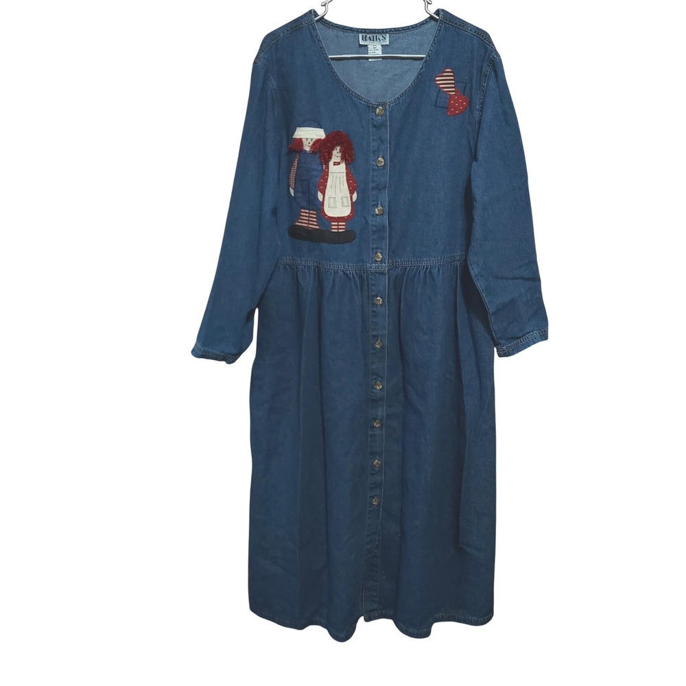 Vintage Haiks Denim Midi Dress Raggedy Ann Andy Applique Blue‎ Cotton Womens L